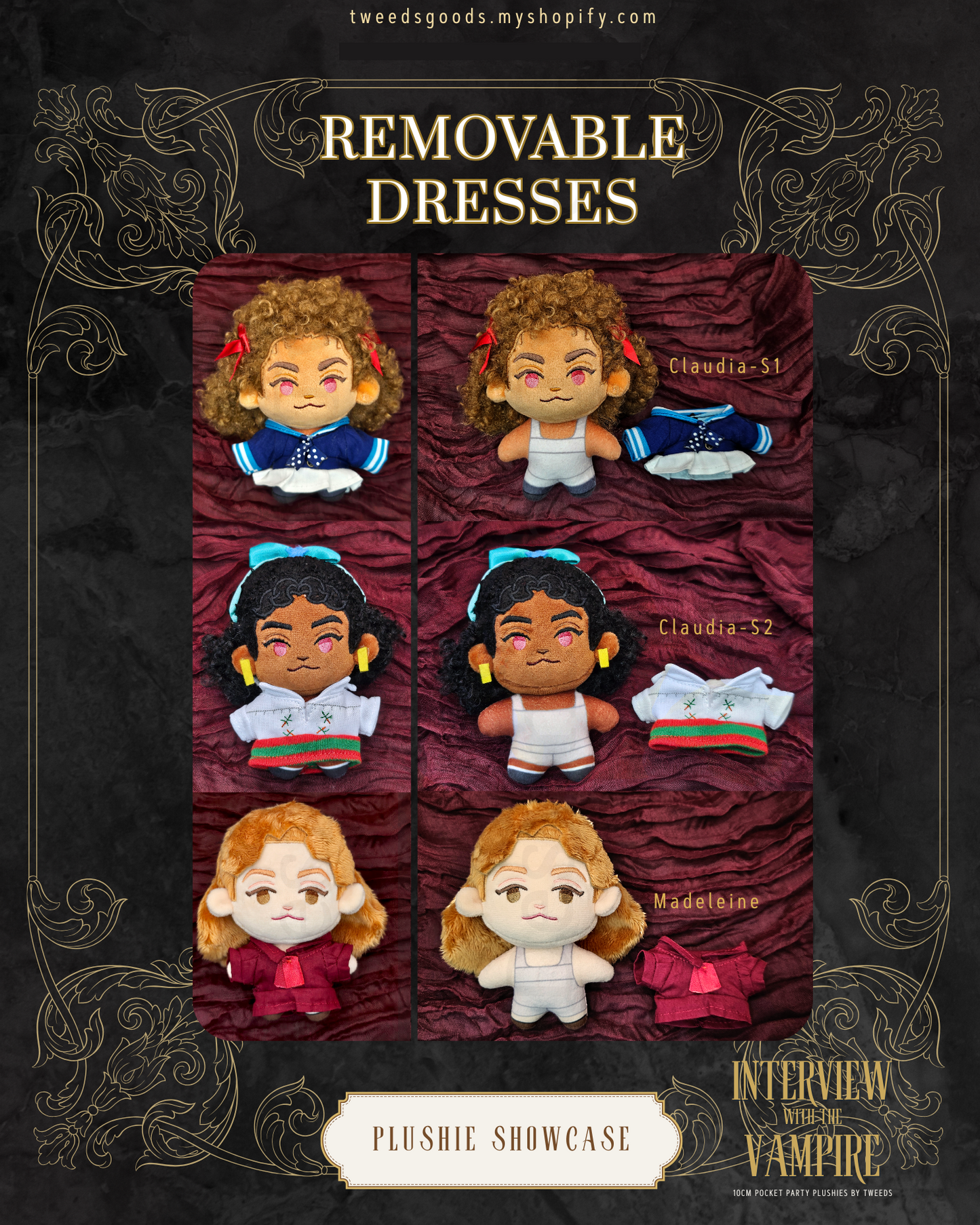 Plushie Showcase of Claudia (S1), Claudia (S2) and Madeleine plush dolls against a red backdrop.