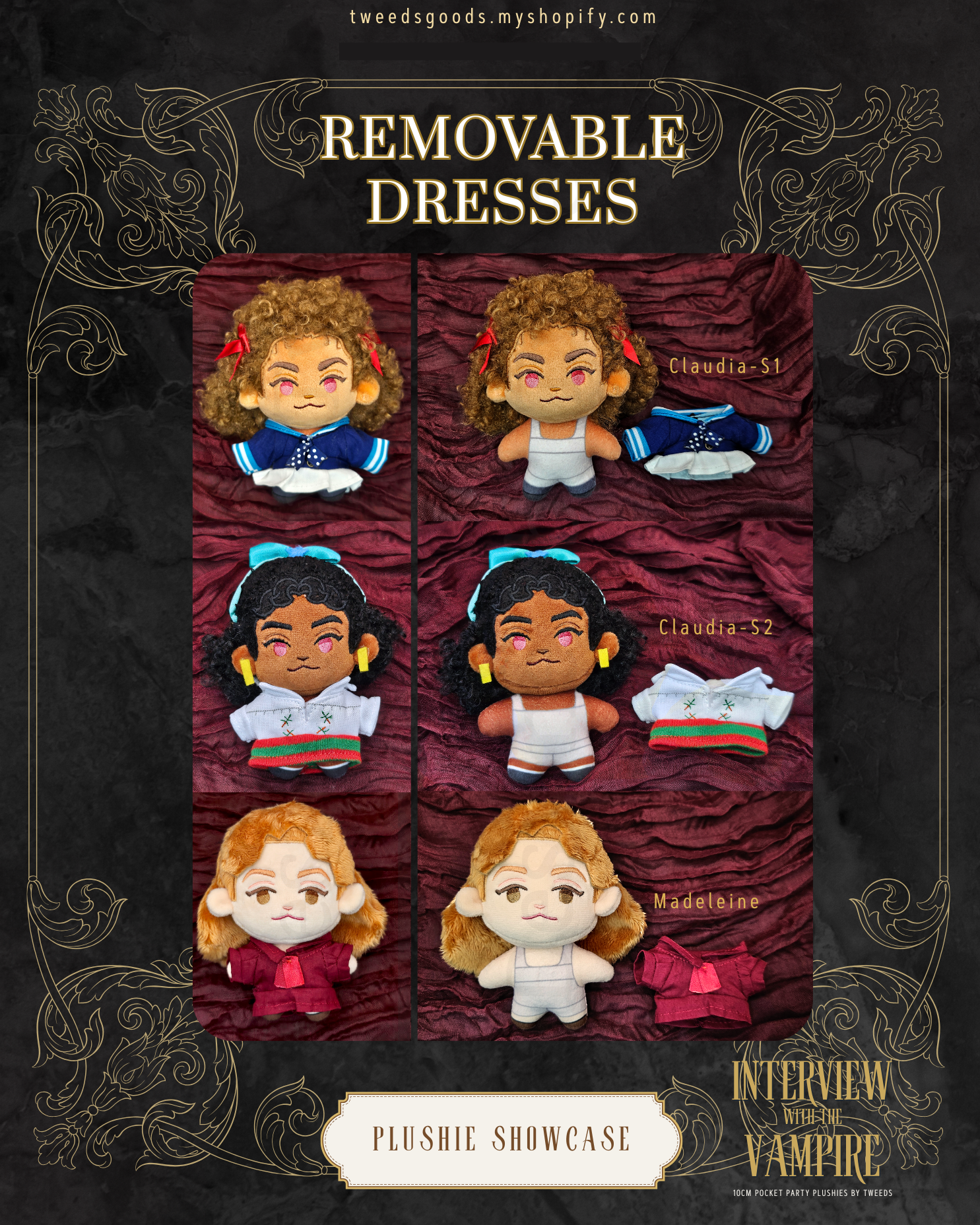 Plushie Showcase of Claudia (S1), Claudia (S2) and Madeleine plush dolls against a red backdrop.