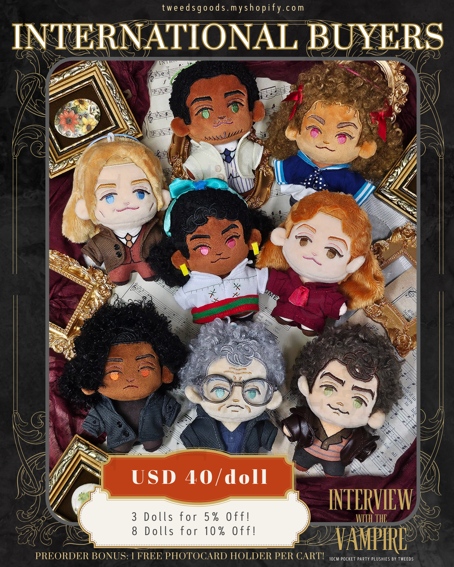 Set of 8 x 10cm  'Interview with the Vampire' plush dolls with a promotional banner for International buyers