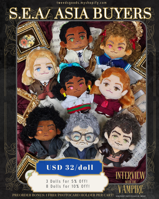 Set of 8 x 10cm  'Interview with the Vampire' plush dolls with a promotional banner for S.E.A/ ASIA buyers.