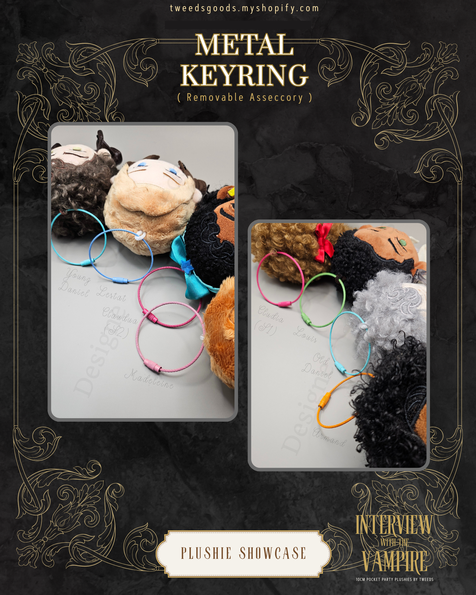 Colored metal keyrings labeled with characters' names against a grey background.