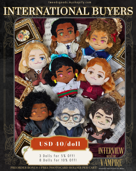 Set of 8 x 10cm  'Interview with the Vampire' plush dolls with a promotional banner for International buyers