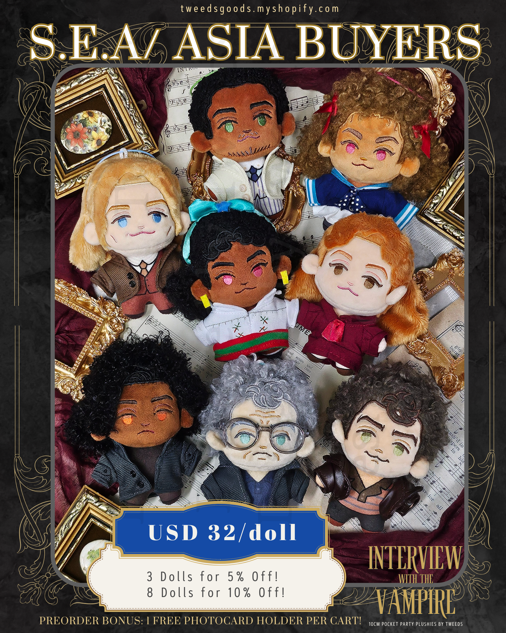 Set of 8 x 10cm  'Interview with the Vampire' plush dolls with a promotional banner for S.E.A/ ASIA buyers.